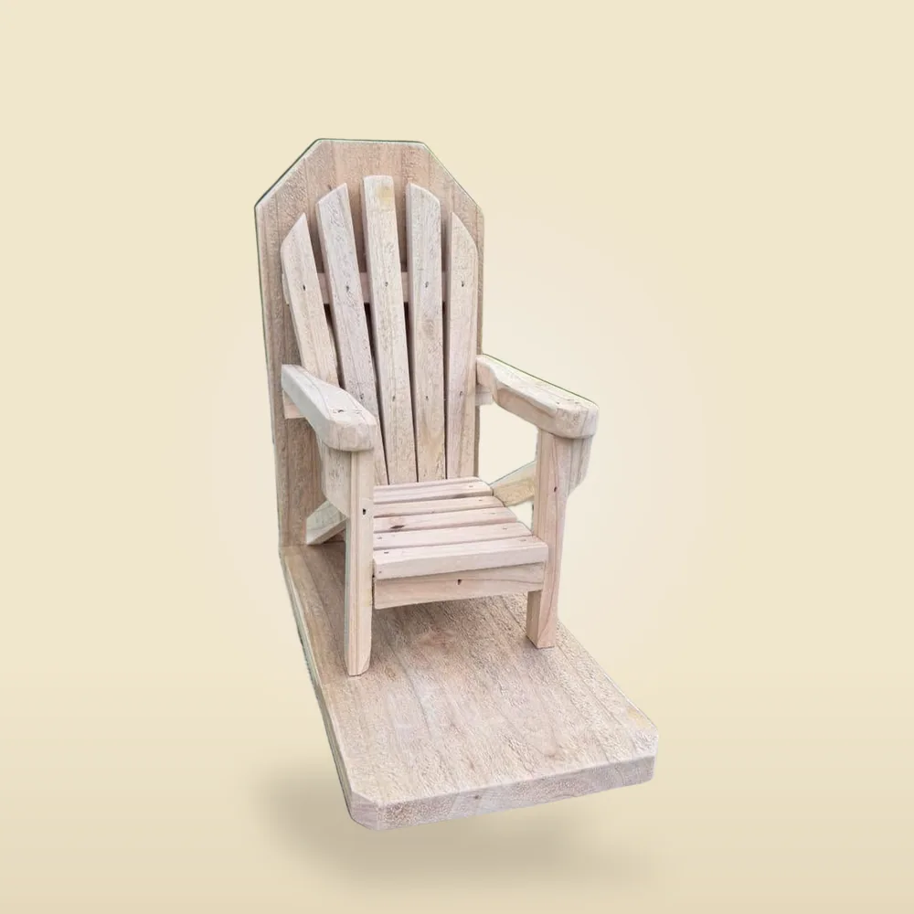 Handmade cedar Adirondack chair squirrel feeder with fanned back slats on its own deck base