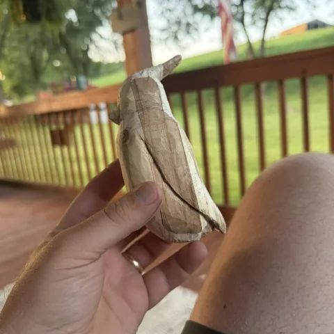 The same part-carved bird from the side, wings roughed in