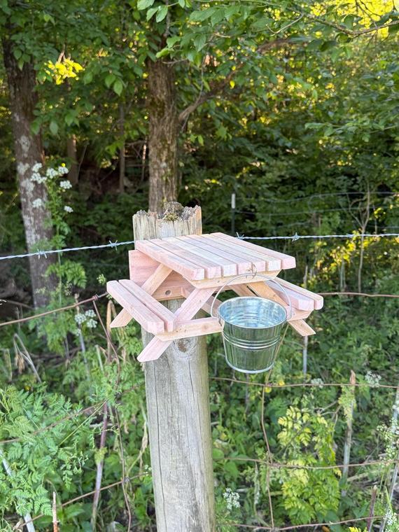 Miniature cedar picnic table feeder mounted on a post.