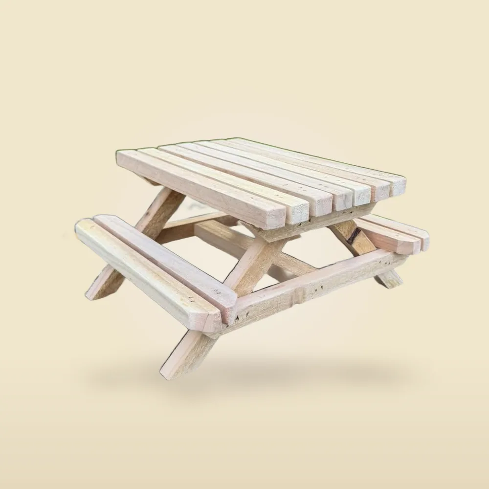 Handmade cedar miniature picnic table squirrel feeder with both benches